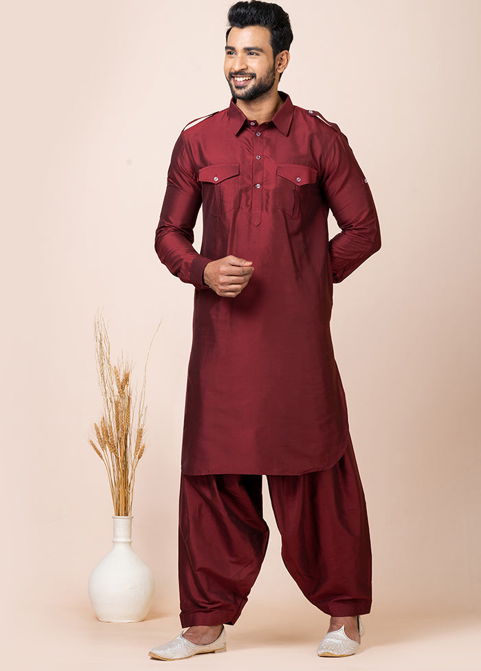 Maroon Viscose Full Sleeves Mandarin Collar Pathani Kurta And Pajama Set