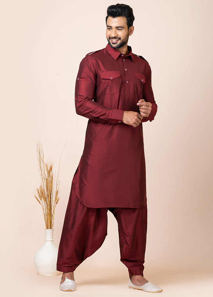 Maroon Viscose Full Sleeves Mandarin Collar Pathani Kurta And Pajama Set