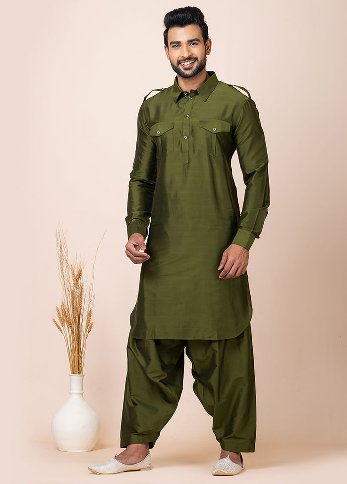 Rama Green Viscose Full Sleeves Mandarin Collar Pathani Kurta And Pajama Set