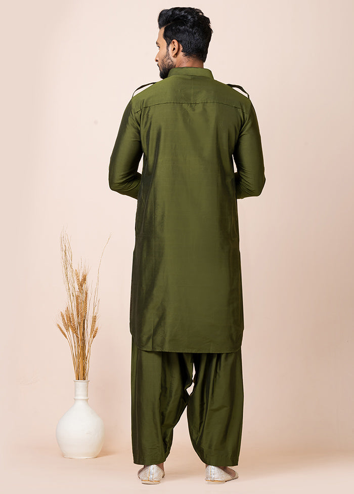 Rama Green Viscose Full Sleeves Mandarin Collar Pathani Kurta And Pajama Set