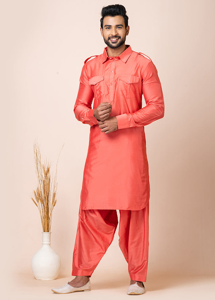 Orange Viscose Full Sleeves Mandarin Collar Pathani Kurta And Pajama Set