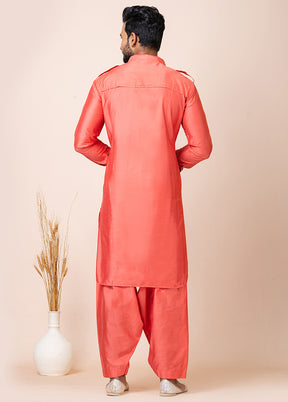 Orange Viscose Full Sleeves Mandarin Collar Pathani Kurta And Pajama Set