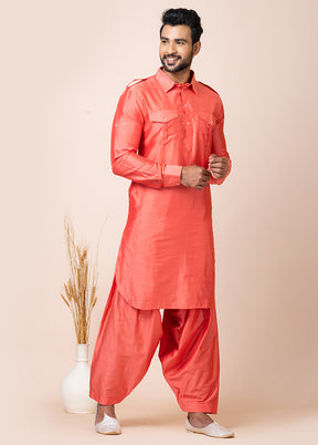 Orange Viscose Full Sleeves Mandarin Collar Pathani Kurta And Pajama Set