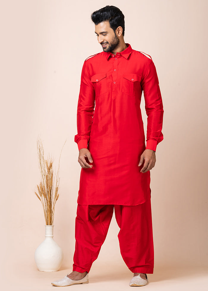 Red Viscose Full Sleeves Mandarin Collar Pathani Kurta And Pajama Set