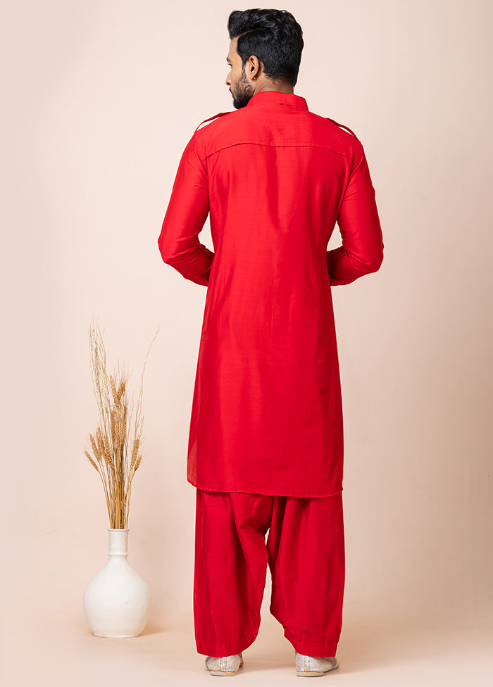 Red Viscose Full Sleeves Mandarin Collar Pathani Kurta And Pajama Set