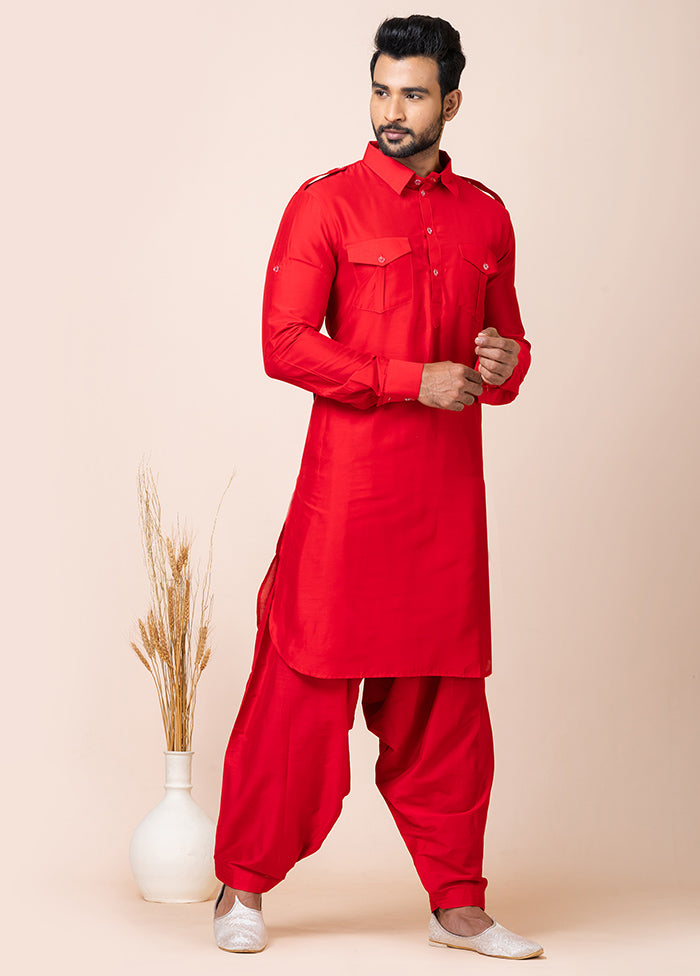 Red Viscose Full Sleeves Mandarin Collar Pathani Kurta And Pajama Set