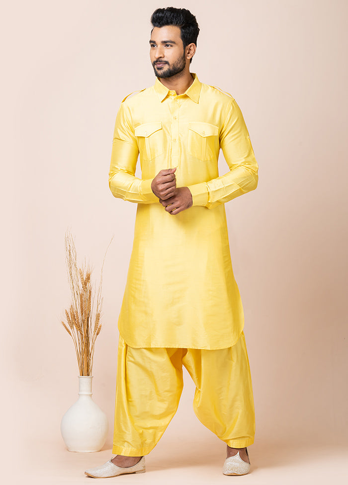 Yellow Viscose Full Sleeves Mandarin Collar Pathani Kurta And Pajama Set