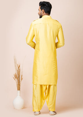 Yellow Viscose Full Sleeves Mandarin Collar Pathani Kurta And Pajama Set