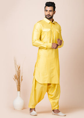 Yellow Viscose Full Sleeves Mandarin Collar Pathani Kurta And Pajama Set