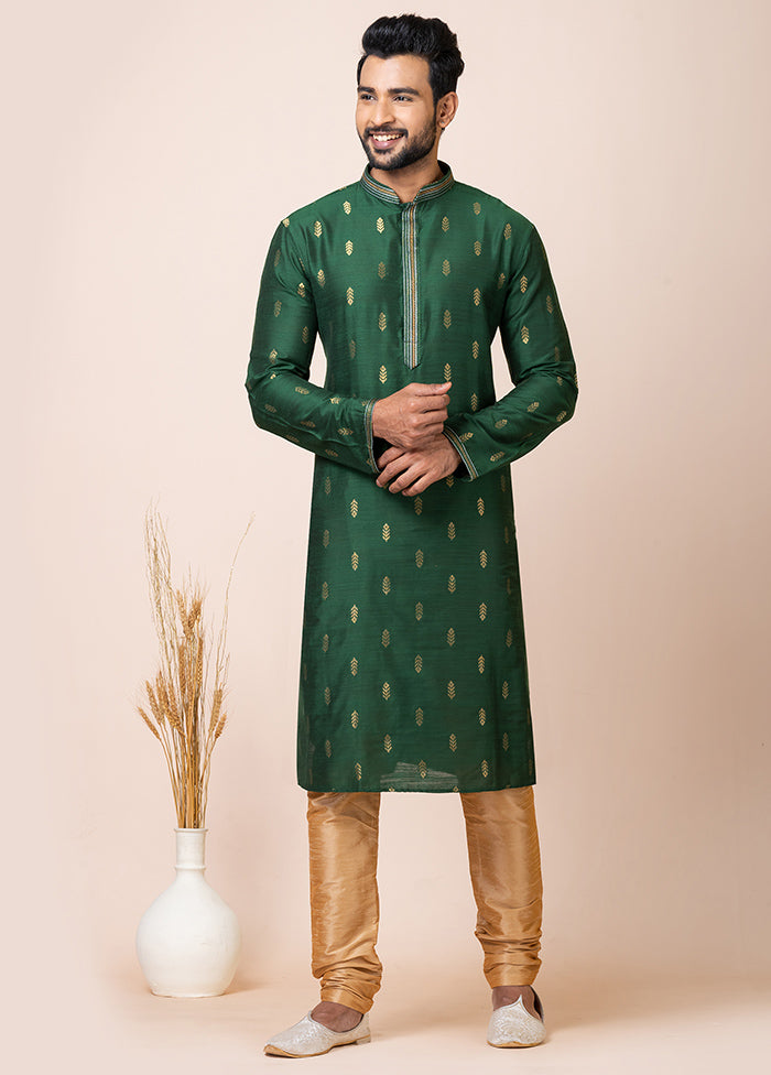 Green Cotton Full Sleeves Mandarin Collar Kurta And Pajama Set