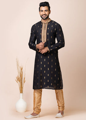 Black Cotton Full Sleeves Mandarin Collar Kurta And Pajama Set