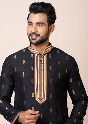 Black Cotton Full Sleeves Mandarin Collar Kurta And Pajama Set