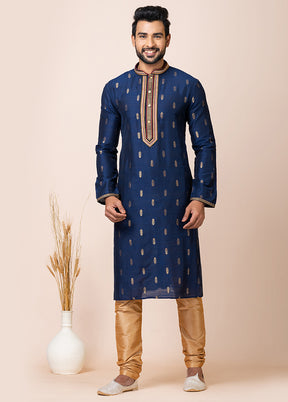 Royal Blue Cotton Full Sleeves Mandarin Collar Kurta And Pajama Set