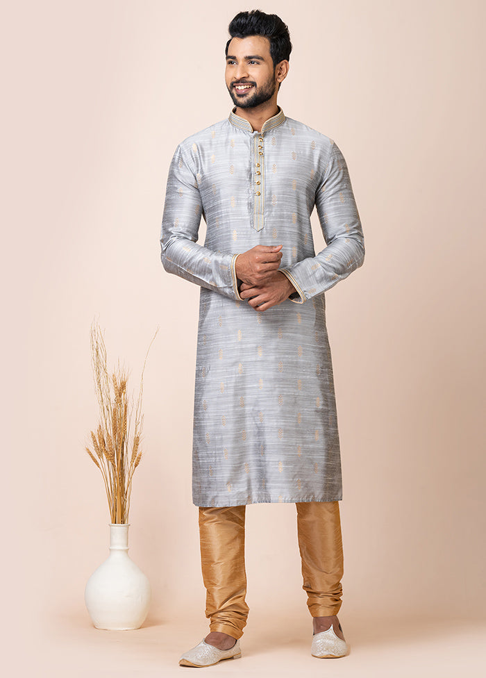 Grey Cotton Full Sleeves Mandarin Collar Kurta And Pajama Set