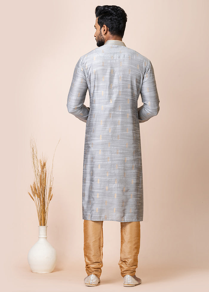 Grey Cotton Full Sleeves Mandarin Collar Kurta And Pajama Set