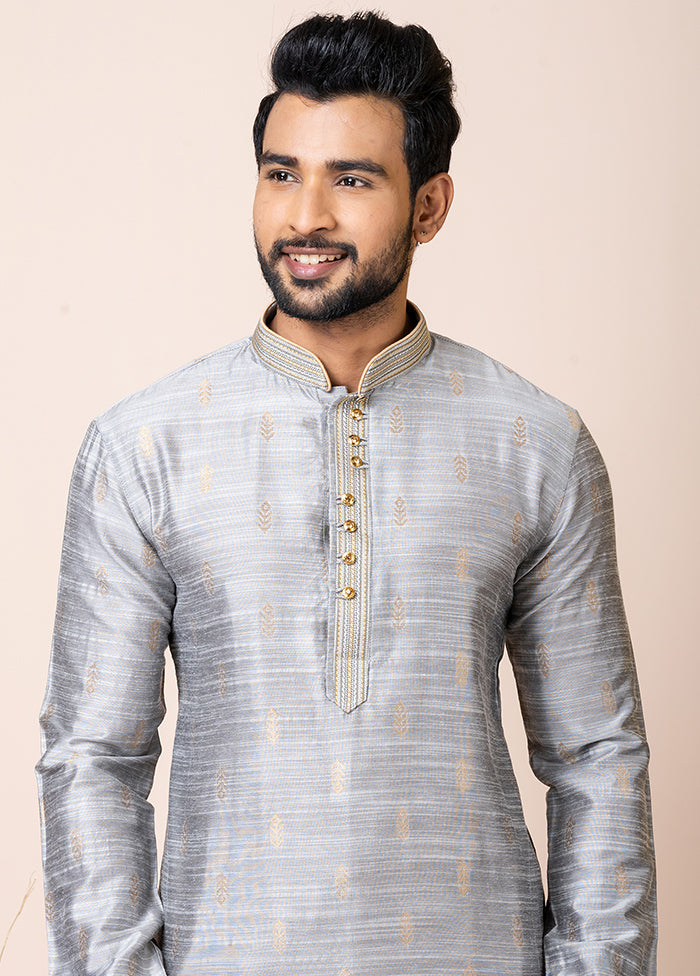 Grey Cotton Full Sleeves Mandarin Collar Kurta And Pajama Set