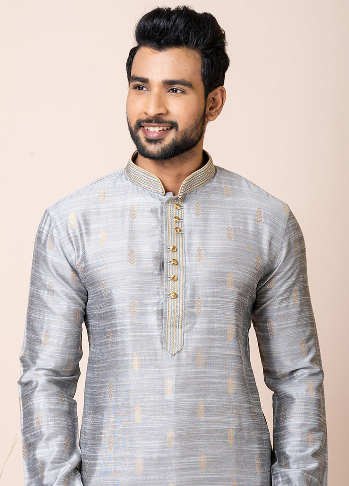 Grey Cotton Full Sleeves Mandarin Collar Kurta And Pajama Set