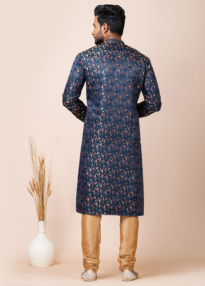 Navy Blue Silk Full Sleeves Mandarin Collar Kurta And Pajama Set