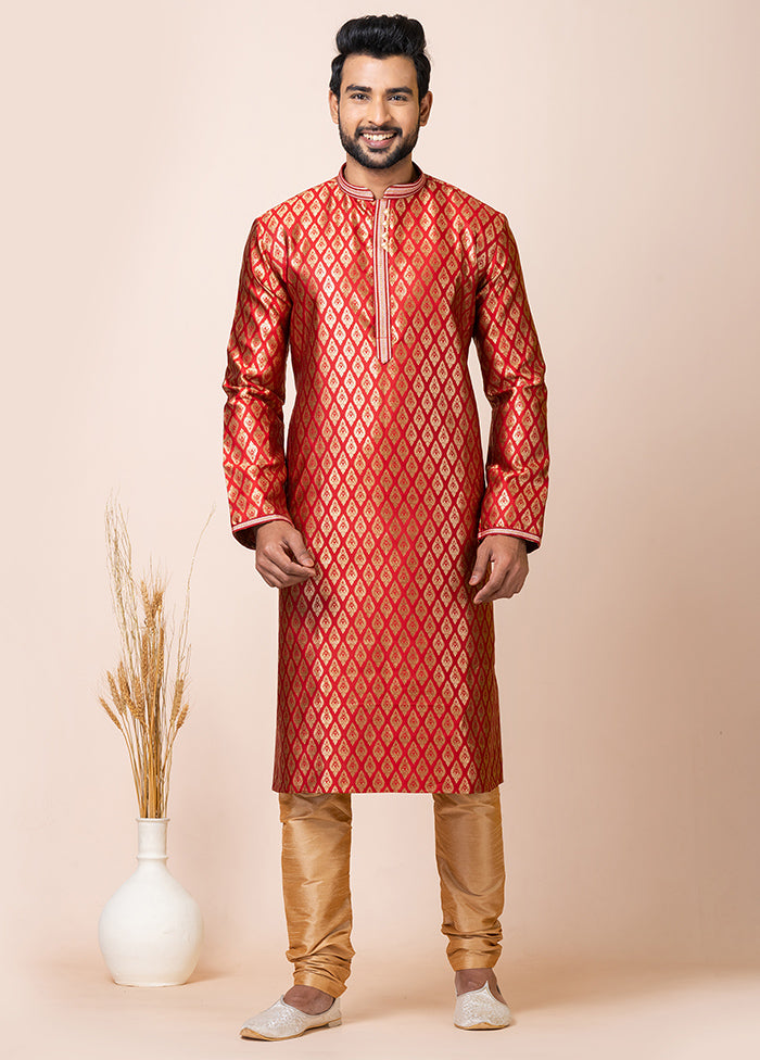 Red Silk Full Sleeves Mandarin Collar Kurta And Pajama Set