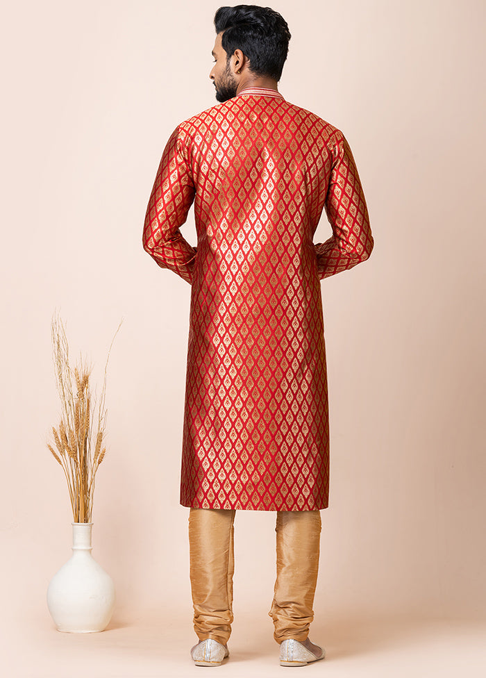 Red Silk Full Sleeves Mandarin Collar Kurta And Pajama Set