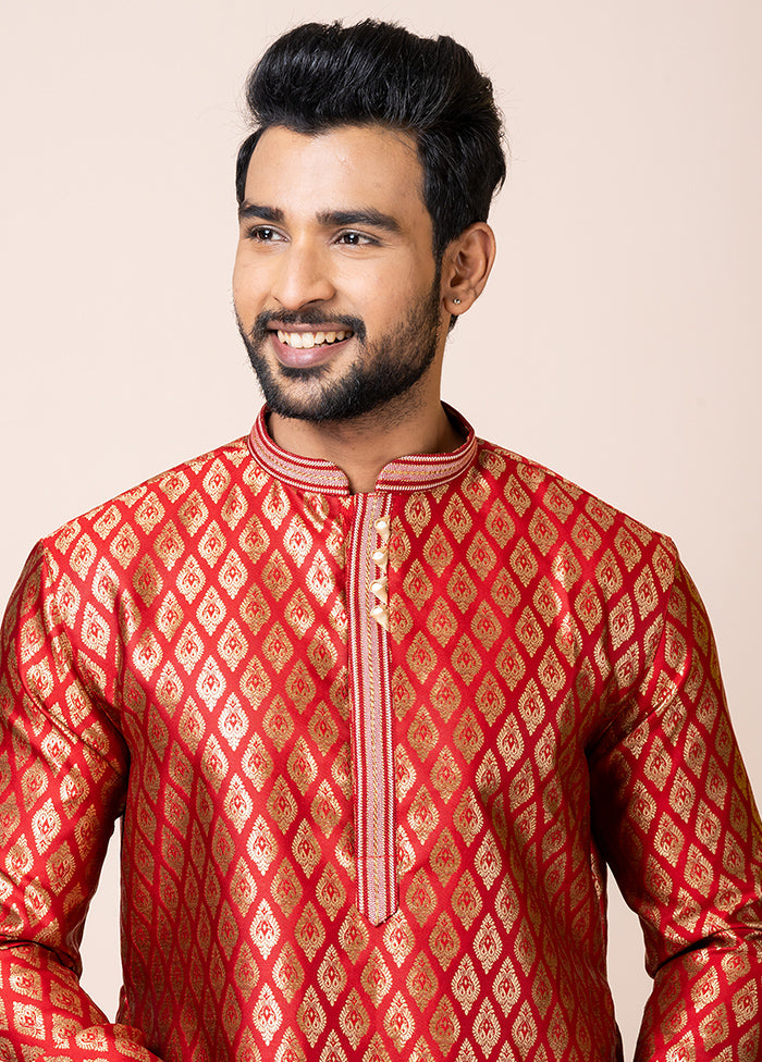 Red Silk Full Sleeves Mandarin Collar Kurta And Pajama Set