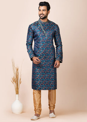 Navy Blue Silk Full Sleeves Mandarin Collar Kurta And Pajama Set