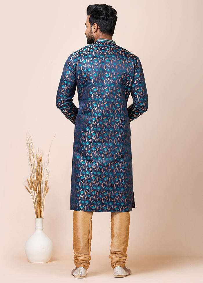 Navy Blue Silk Full Sleeves Mandarin Collar Kurta And Pajama Set