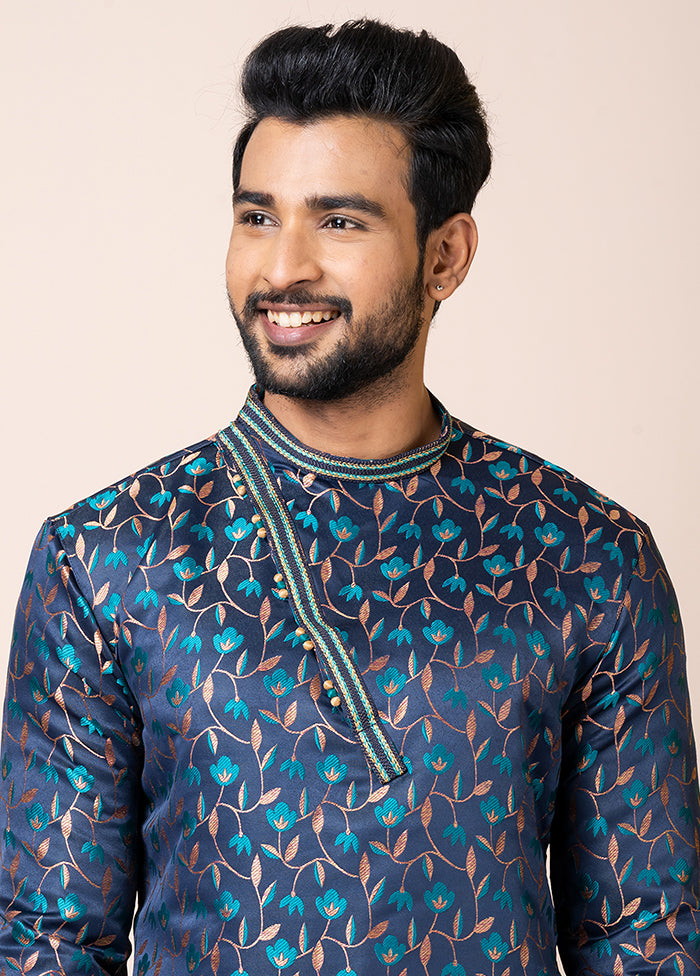 Navy Blue Silk Full Sleeves Mandarin Collar Kurta And Pajama Set