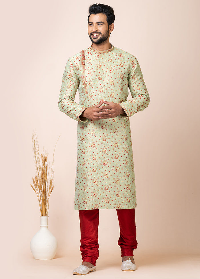 Mint Green Silk Full Sleeves Mandarin Collar Kurta And Pajama Set