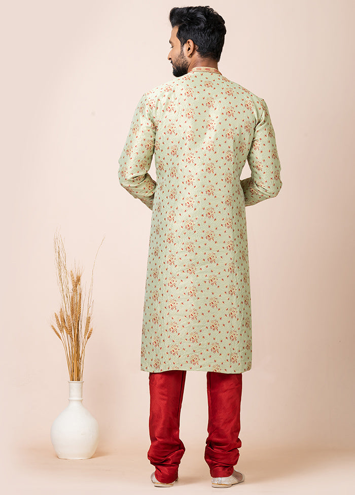 Mint Green Silk Full Sleeves Mandarin Collar Kurta And Pajama Set