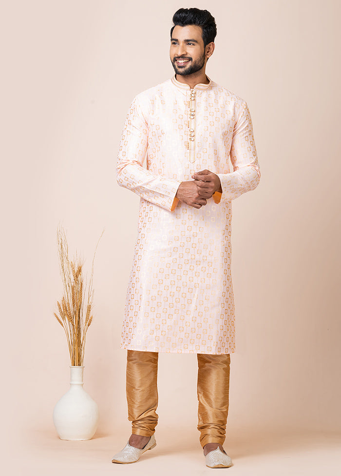 Cream Silk Full Sleeves Mandarin Collar Kurta And Pajama Set