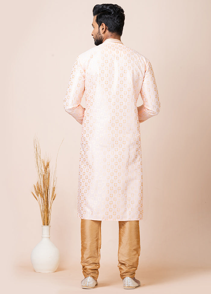 Cream Silk Full Sleeves Mandarin Collar Kurta And Pajama Set