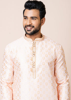 Cream Silk Full Sleeves Mandarin Collar Kurta And Pajama Set