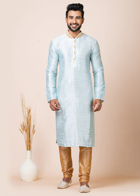 Sky Blue Silk Full Sleeves Mandarin Collar Kurta And Pajama Set