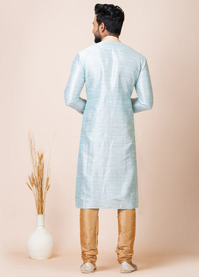 Sky Blue Silk Full Sleeves Mandarin Collar Kurta And Pajama Set