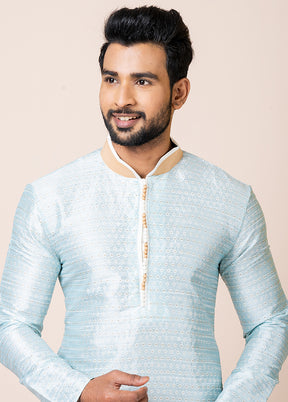 Sky Blue Silk Full Sleeves Mandarin Collar Kurta And Pajama Set