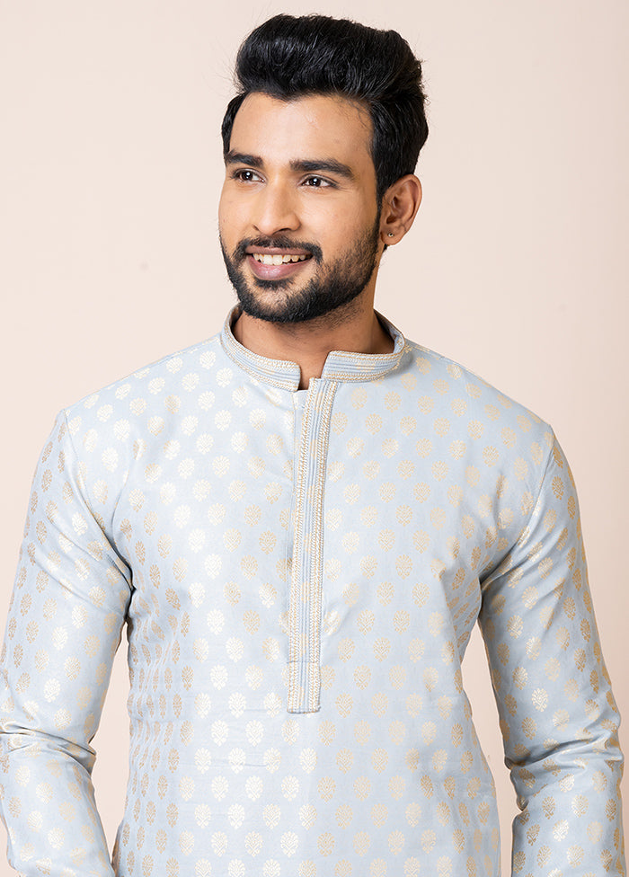 Grey Cotton Full Sleeves Mandarin Collar Kurta And Pajama Set