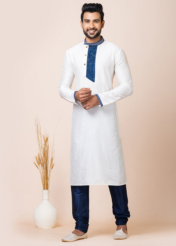 White Viscose Full Sleeves Mandarin Collar Kurta And Pajama Set