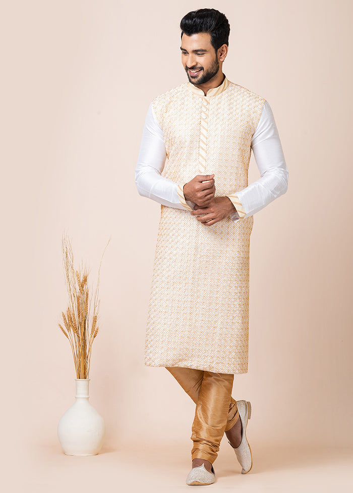 White Silk Full Sleeves Mandarin Collar Kurta And Pajama Set