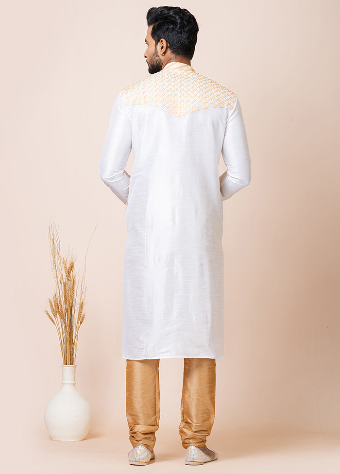 White Silk Full Sleeves Mandarin Collar Kurta And Pajama Set