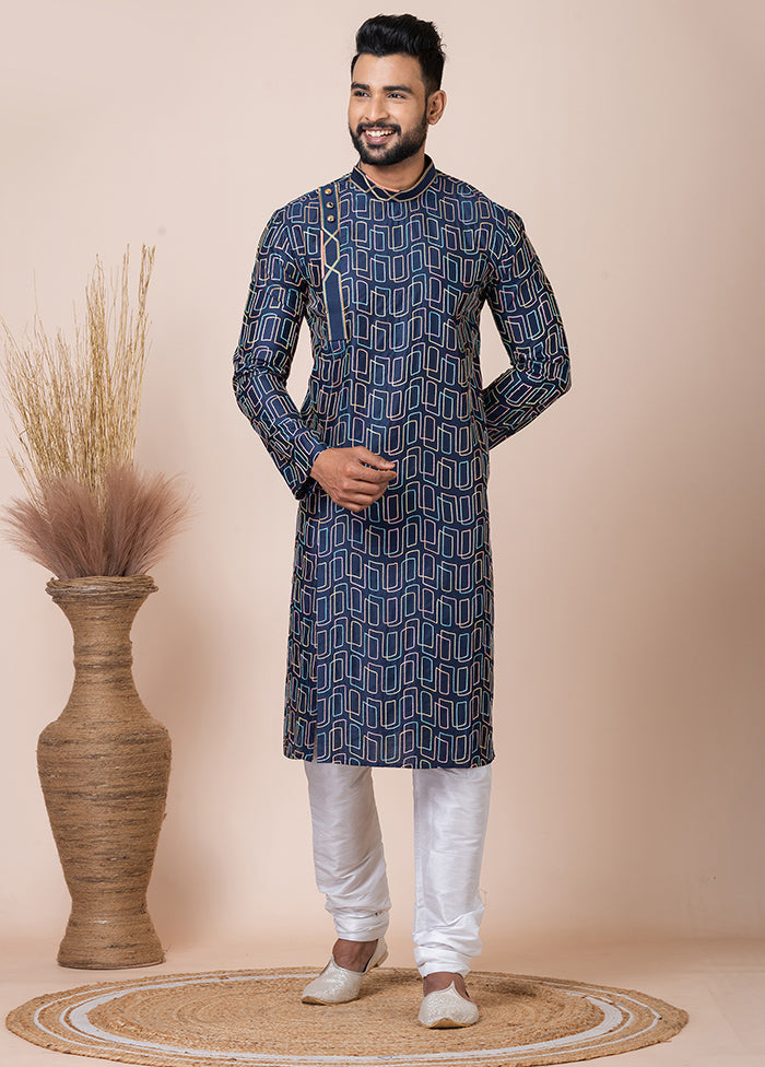 Navy Blue Cotton Full Sleeves Mandarin Collar Kurta And Pajama Set