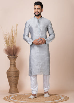 Grey Silk Full Sleeves Mandarin Collar Kurta And Pajama Set