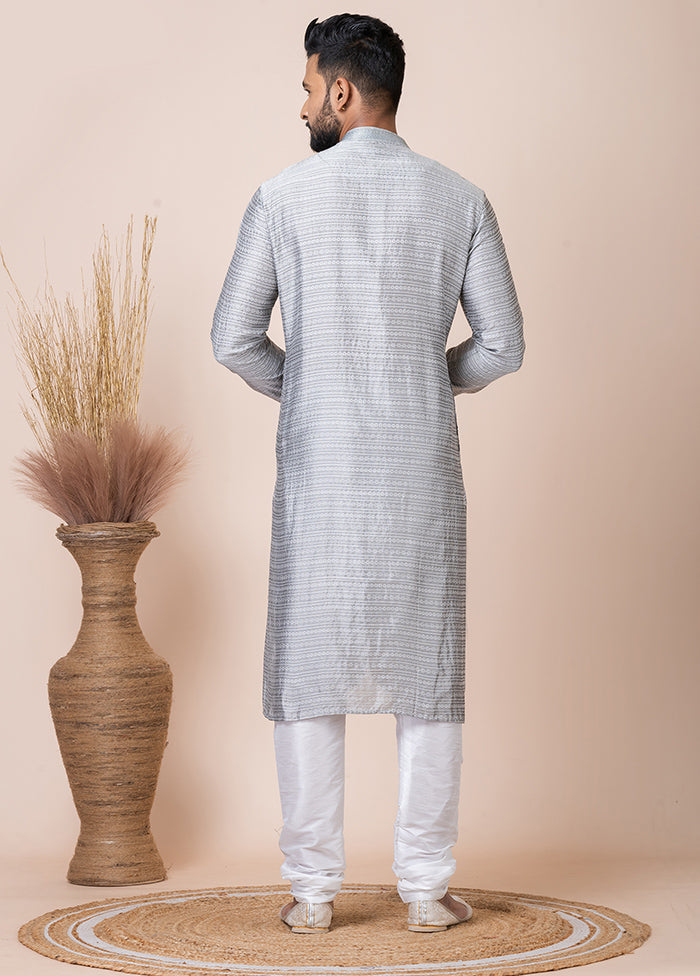 Grey Silk Full Sleeves Mandarin Collar Kurta And Pajama Set