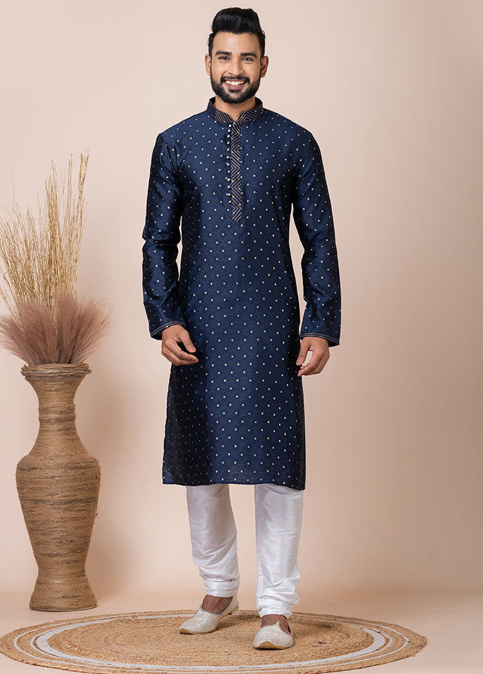 Navy Blue Silk Full Sleeves Mandarin Collar Kurta And Pajama Set