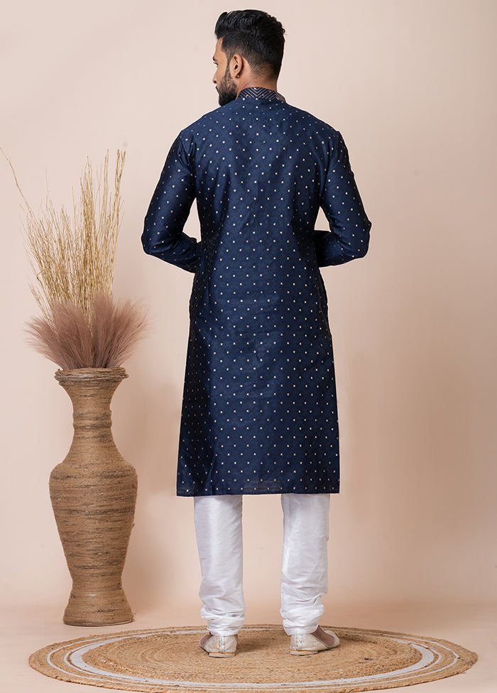 Navy Blue Silk Full Sleeves Mandarin Collar Kurta And Pajama Set