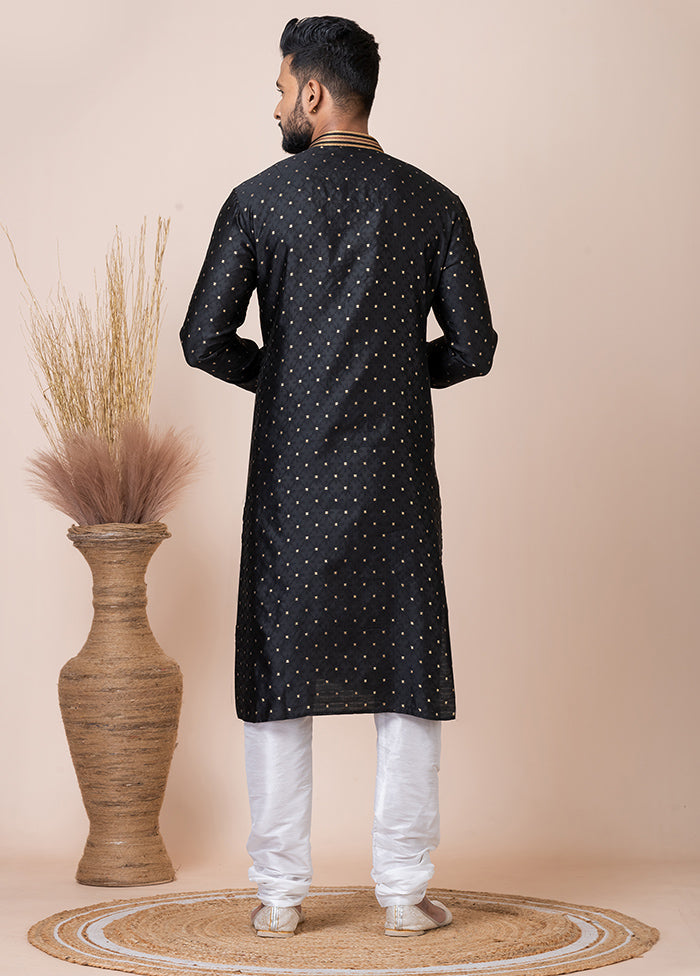 Black Silk Full Sleeves Mandarin Collar Kurta And Pajama Set