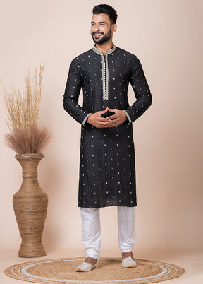 Black Silk Full Sleeves Mandarin Collar Kurta And Pajama Set