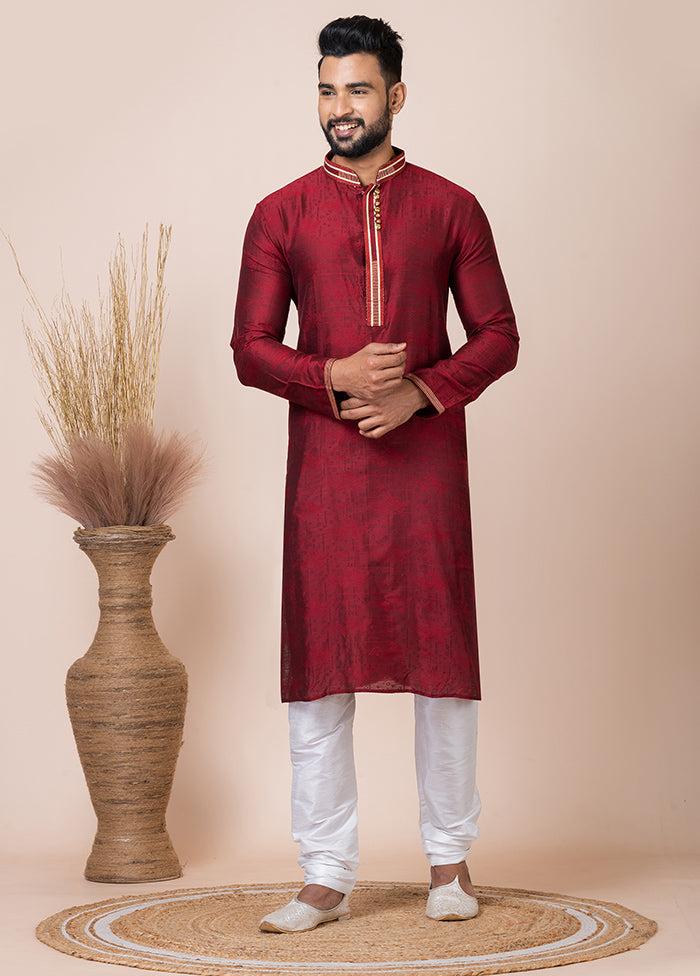 Maroon Silk Full Sleeves Mandarin Collar Kurta And Pajama Set