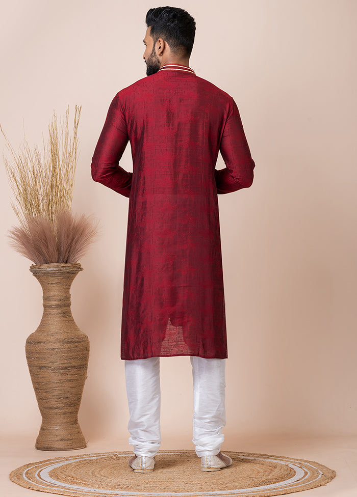 Maroon Silk Full Sleeves Mandarin Collar Kurta And Pajama Set