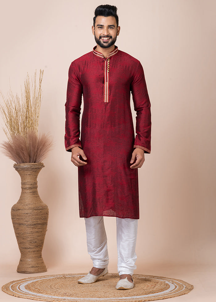 Maroon Silk Full Sleeves Mandarin Collar Kurta And Pajama Set